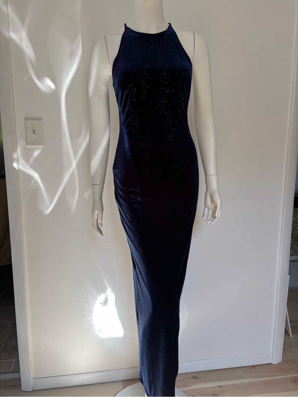 Steppin' Out Navy Velvet Halter Maxi Dress with Beaded Accents